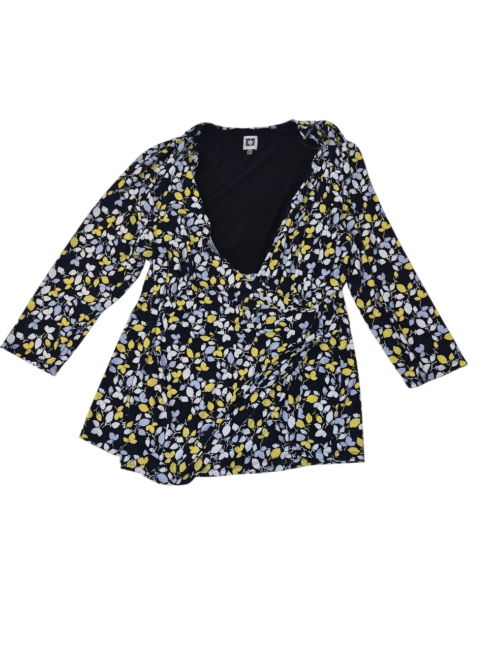 Anne Klein Black Floral V-Neck Long Sleeve Tunic with Yellow & White Print